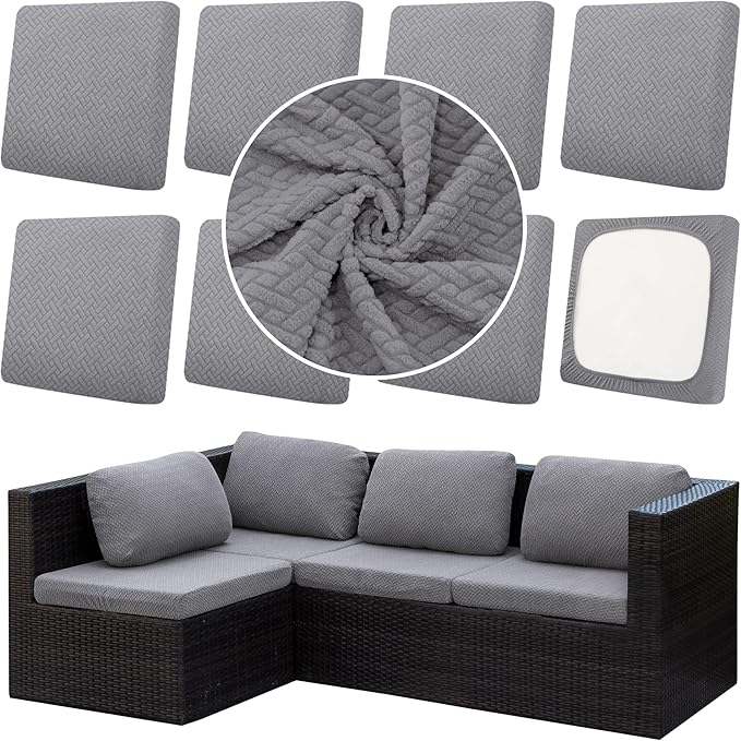 8Pcs Outdoor Cushion Covers, Patio Cushion Covers,Stretch Elastic Slipcovers, Replacement Washable Furniture Protector for Patio Couch,Thick Jacquard Textured Twill Fabric(Gray ,8PCS,Cover Only)