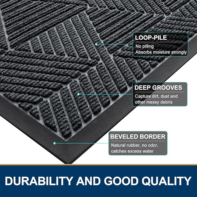 Smiry Front Door Mat Outside Entrance, Heavy Duty Sturdy Natural Rubber Doormat, Trap Dirt and Moisture, Easy Clean Low Profile Welcome Floor Mats for Indoor Outdoor Entry, 35X23 Inch, Grey