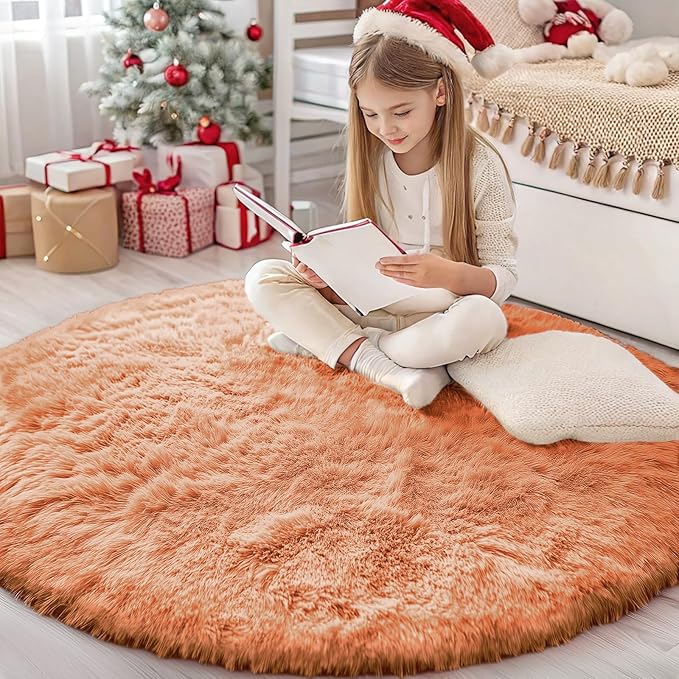 OLANLY Muted Orange Round Rugs for Bedroom - Machine Washable, 4 ft Circle Area Rugs for Living Room, Soft and Fluffy Shaggy Carpet for Teen Girl and Boys, Nursery Rooms, Dorms, Home Decor Aesthetic