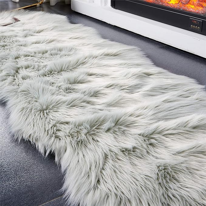 EasyJoy Ultra Soft Fluffy Shaggy Area Rug Faux Fur, Chair Cover, Fuzzy Seat Pad for Bedroom Floor Sofa Living Room (2 x 6 ft Sheepskin, Light Grey)