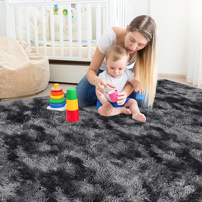 Black Grey Tie-Dyed Rug for Living Room 5x8 Fluffy Area Rug Mat Bedside Throw Rug for Bedroom Kids Room Boys Teens Nursery Baby Dorm Office Home Decor Aesthetic Carpets