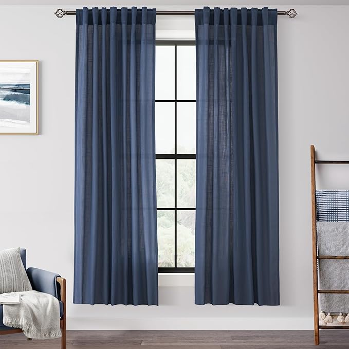 Navy Blue Curtains 72 inch Length for Bedroom Back Tab Light Filtering Semi Sheer Blue Living Room Curtains Linen Cotton Textured Indigo Blue Drapery Panel Modern Farmhouse Aesthetic Decor Dark Blue