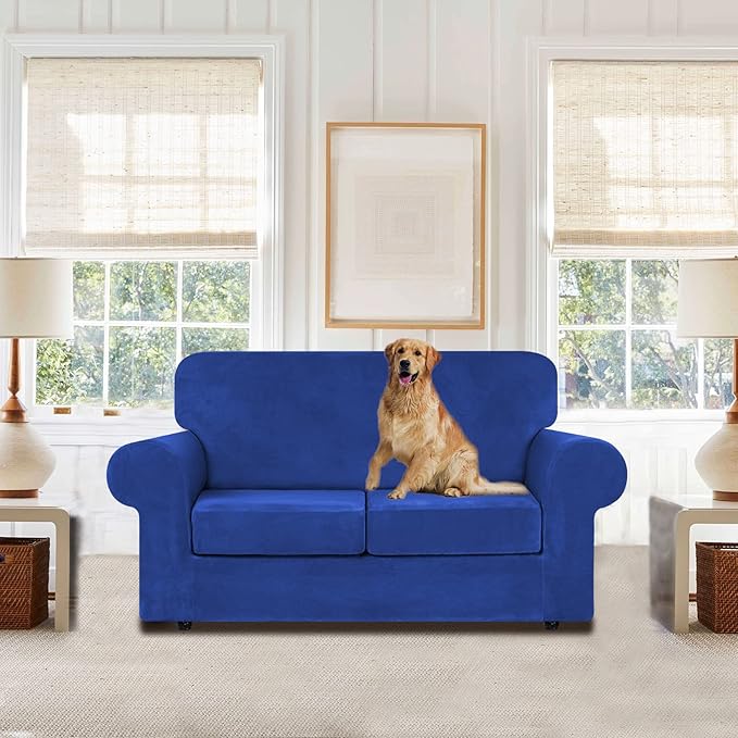 WEERRW Velvet Couch Covers for 2 Cushion Couch Sofa - High Stretch Luxury Velvet Plush 3 Pieces Sofa Slipcovers with Elastic Bottom, Furniture Protector for Pets, Machine Washable, Royal Blue, Medium