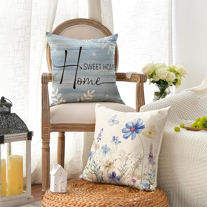 AVOIN colorlife Spring Saying Flowers Butterfly Bird Throw Pillow Covers, 20 x 20 Inch Home Sweet Home Blue Cushion Case for Sofa Couch Set of 4
