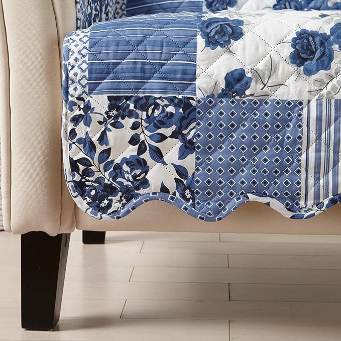 Great Bay Home Reversible Patchwork Recliner Cover - Washable Slipcover Furniture Protector with Elastic Straps - Perfect for Kids & Pets - Box-Stitched Detail (Navy)