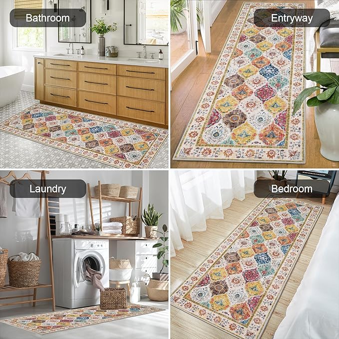 HEBE Hallway Runner Rug 2'x6' Washable Vintage Distressed Area Rugs Non Slip Laundry Rug Runner Boho Floor Carpet Runners for Hallways Entryway Laundry Room Kitchen Bathroom