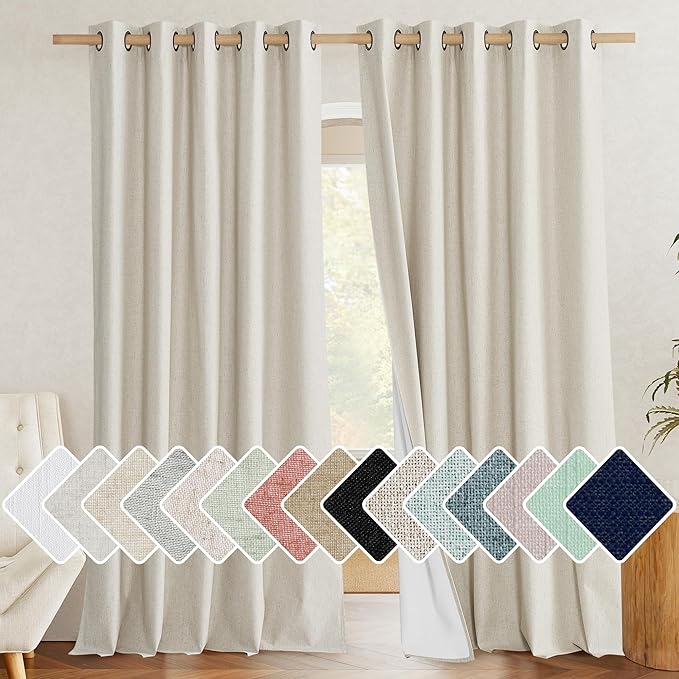 NICETOWN 100% Blackout Natural Linen Curtains 95 inches Length for Dining Room, 2 Panels Set, 62" Wide, Farmhouse Style Room Cooling Window Draperies with Thermal Insulated Liners