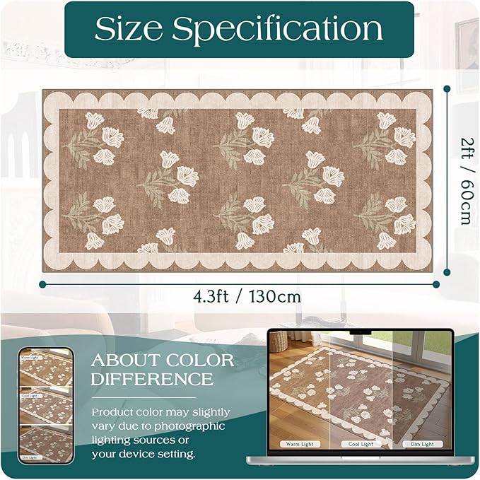 Front Door Mat Indoor Entrance - 2x4.3 Ft Floral Washable Layered Doormat Outdoor Entrance Porch Rug Non-Slip Tan Boho Farmhouse Runner Rug for Kitchen Hallway Bedroom Laundry Room Porch Decor