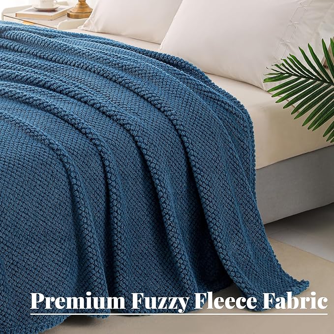 Whale Flotilla Queen Size Fuzzy Fleece Blanket for Bed, 90x90 Inch Fluffy Warm Soft Jacquard Blankets for All Season, Lightweight and Cozy, Navy Blue