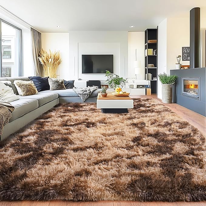 Pionblank 8x10 Rug for Living Room, Fuzzy Plush Large Area Rug Brown, Fluffy Modern Shag Non Slip Soft Furry Carpet for Bedroom Kids Room Nursery Teens Dorm Home, Tie-Dyed Coffee