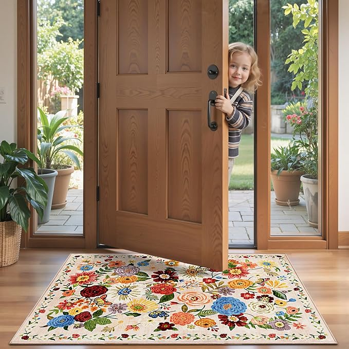 2x4 Entryway Runner Rugs, Non Slip Washable Rugs with Rubber Backing Soft Floral Carpet Runner for Kitchen, Laundry, Bedroom, Bathroom(2 x 4, Beige Garden)