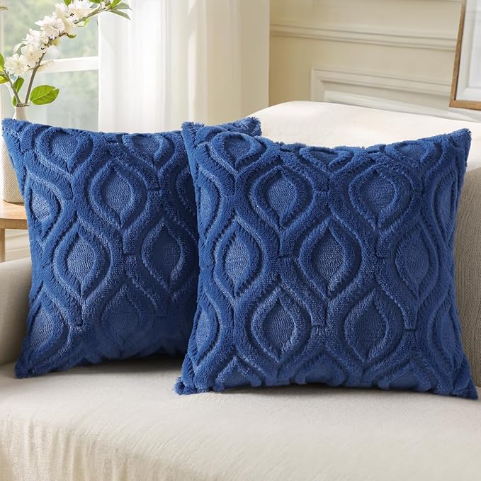 decorUhome Throw Pillow Covers 20x20 Inch Set of 2, Soft Plush Faux Wool Dark Blue Solid Couch Pillow Covers, Accent Farmhouse Neutral Square Pillow Cases for Sofa Bed Living Room
