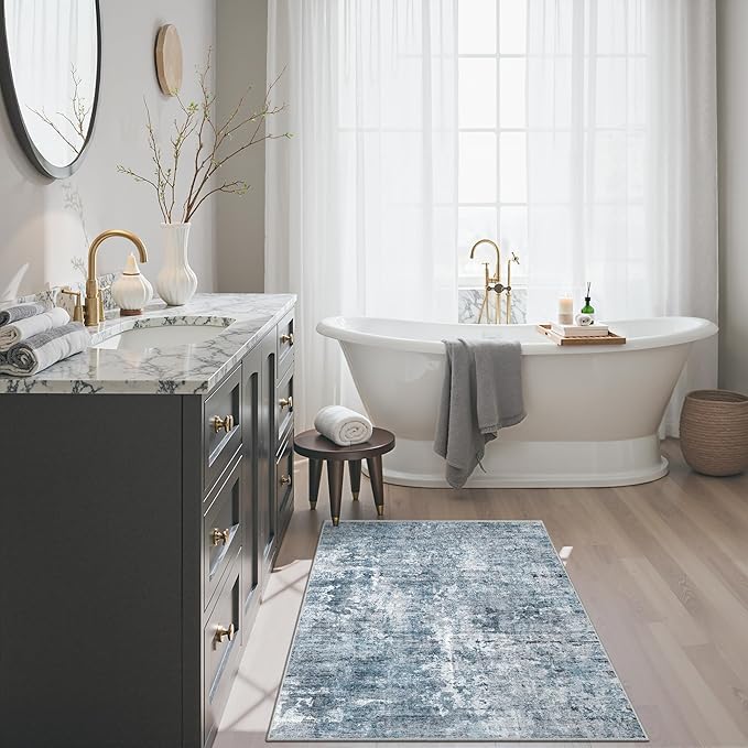 Soalmost 2x3 Abstract Washable Rugs for Kitchen, Floor, Entryway, Powder Room Small Area Rug Non-Slip Vintage Rug Low Pile Throw Door Mat Blue