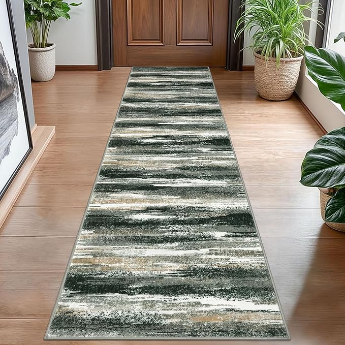 Lansny Modern Abstract Hallway Runner Rug, Forest Green Washable Kitchen Runner Non-Slip Soft 2x8 Runner Rug Thin Print Faux Wool Carpet for Entryway Bedroom Laundry Room Indoor
