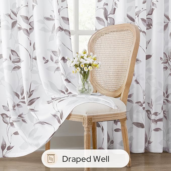 HOMEIDEAS Non-See-Through Dry Rose and White Privacy Sheer Curtains 52 X 96 Inch Length 2 Panels, Leaf Floral Printed Light Filtering Semi Sheer Window Curtains Drapes for Bedroom Living Room