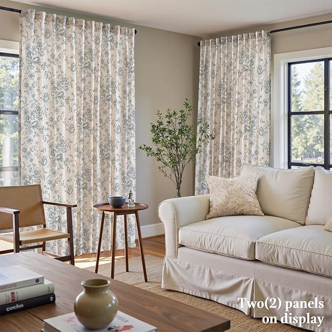 jinchan Linen Floral Curtains 100 Inch Extra Wide for Patio Sliding Glass Door Room Divider Curtain for Living Room 108 Inch Length Farmhouse Peony Blue Printed Curtain Set 1 Panel