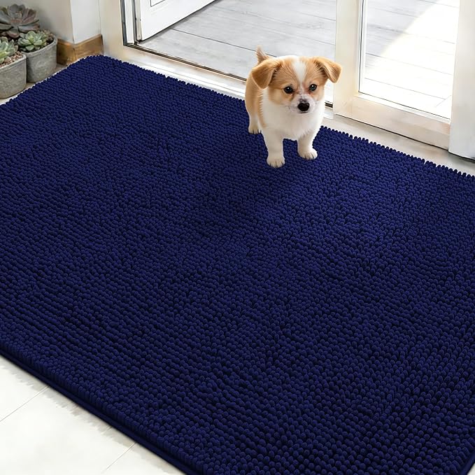 OLANLY Dog Door Mat for Muddy Paws 48x30, Absorbs Moisture and Dirt, Absorbent Non-Slip Washable Doormat, Quick Dry Chenille Mud Mat for Dogs, Entry Indoor Entryway Carpet for Inside Floor, Navy Blue