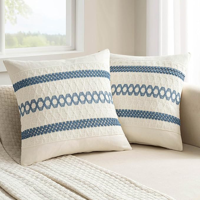 MIULEE Set of 2 Coastal Blue Boho Decorative Pillow Covers 20x20 Inch Farmhouse Rustic Couch Throw Pillows Modern Summer Cotton Cushion Covers Retro Cute Macrame Woven Spring Decor for Bed Sofa Chair