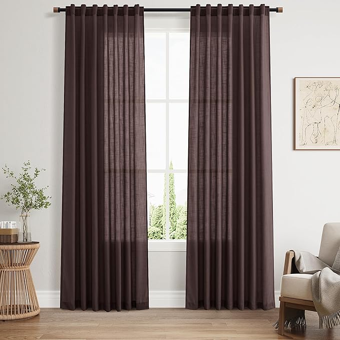Coffee Brown Linen Curtains 80 Inch Length for Living Room Light Filtering Semi Sheer Curtain Back Tab Rod Pocket Luxury Modern Rustic Home Decor Neutral Drapes for Bedroom Dinner Room 52x80, 2 Panels