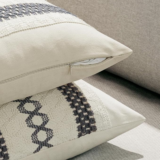 MIULEE Set of 2 Gray Boho Decorative Lumbar Pillow Covers 12x20 Inch Farmhouse Rustic Couch Throw Pillows Modern Cotton Cushion Covers Retro Cute Macrame Woven Spring Home Decor for Bed Sofa Chair