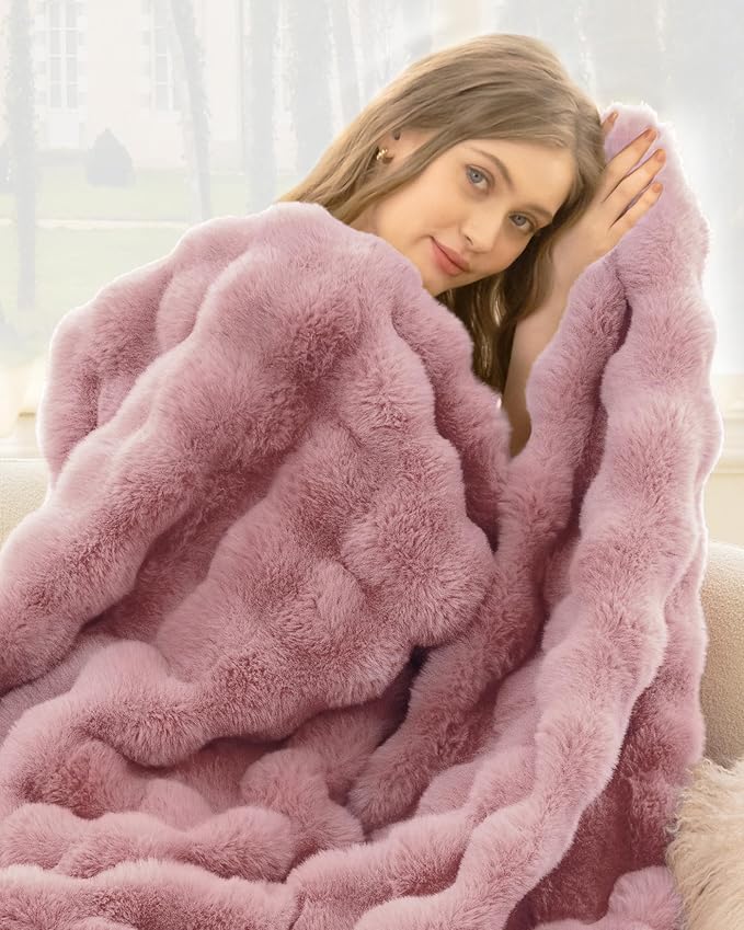 Ultra Soft Cozy Faux Fur Throw Blanket, Fuzzy Plush Thick Bubble Blanket, Oversize Luxury Fluffy Blanket for Couch, Sofa, Bedroom, and Living Room,50x60 Inches,Pink