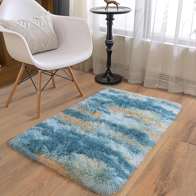 Soft Runner Rugs for Bedroom Hallways, 2x3 Abstract Blue Fluffy Shag Throw Area Rug Non Slip for Bedside Dorm, Long Shaggy Furry Carpet for Nursery Living Room