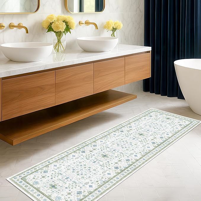 Hazo Haus Boho Bathroom Runner 2x7 - Cream Green Oushak Floral Turkish, Washable Low Pile Non Slip Stain Resistant Small Accent Rug for Kitchen, Hallway