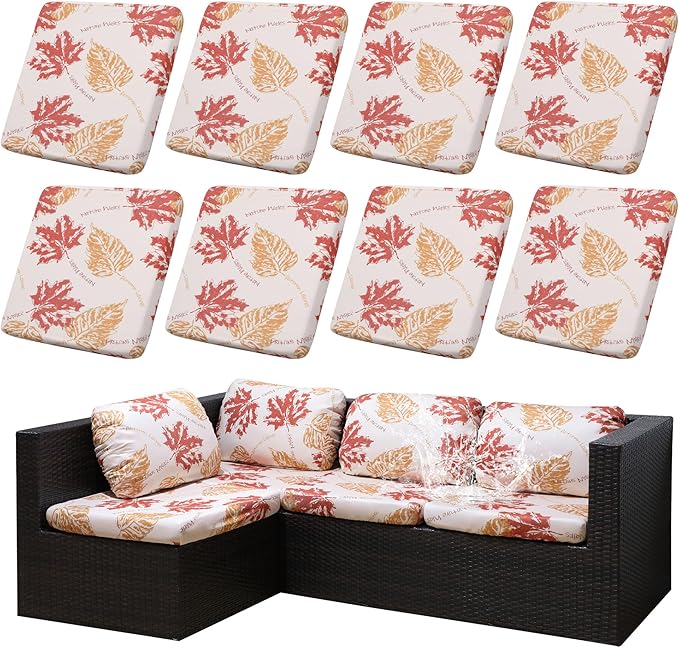 8Pcs Outdoor Cushion Covers, Patio Cushion Covers,Stretch Elastic Slipcovers, Replacement Washable & Reusable Furniture Protector for Patio Couch (Red Maple-Pattern,Cover Only)