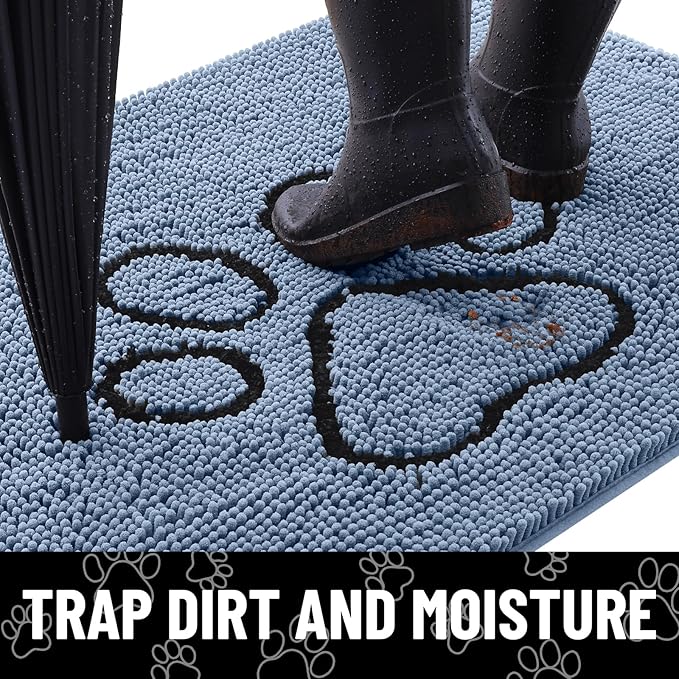 Smiry Dog Door Mat for Muddy Paws, Absorbent Dirt Trapper Non Slip Quick Dry Washable Chenille Mat for Mud Dogs, Entry Rug for Indoor and Outdoor (48x30 Inches, Airy Blue and Black)