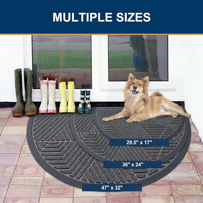 Smiry Half Circle Front Door Mat Outside Entrance, Heavy Duty Sturdy Natural Rubber Doormat, Trap Dirt and Moisture, Low Profile Mats for Indoor Outdoor Entry, Irregular Triangle (29.5x17, Grey)