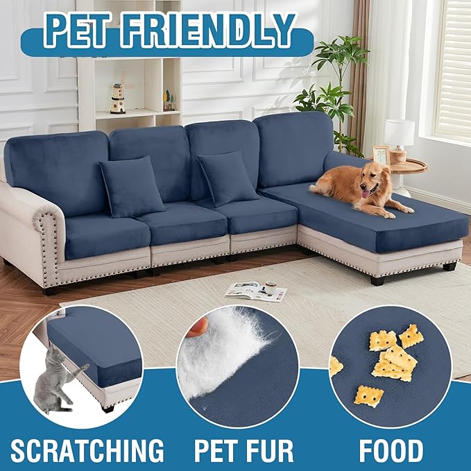 Couch Cover 6-Piece Elastic Velvet Couch Cushion Covers & Chaise Slipcovers for L-Shaped Sofas, Sofa Seat Covers Washable, Soft Cover for Couches (5 Seater + Chaise, Berlin Blue)
