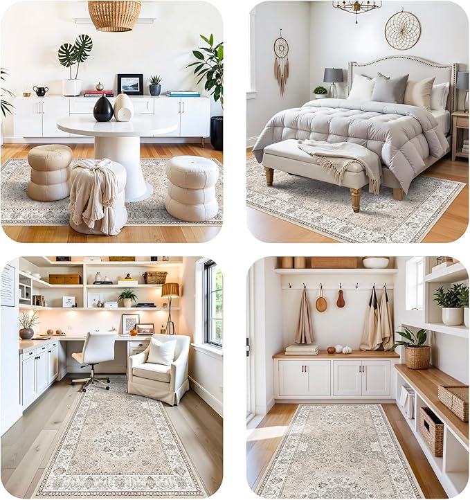 4x10 Hallway Wide Runner Rug: Washable Oriental Soft Area Rug for Living Room Bedroom Stain Resistant Low Pile Carpet for Entryway Ktichen Thin Non Slip Floor Mat for Bathroom Dining Room(Beige,4x10)