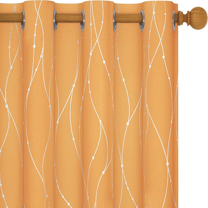 Deconovo Grommet Blackout Curtains for Home Decoration, 54 Inch Long, Set of 2 - Window Curtain Panels, Wave Line and Dots Pattern (52 x 54 Inch, Orange Flame, Set of 2)