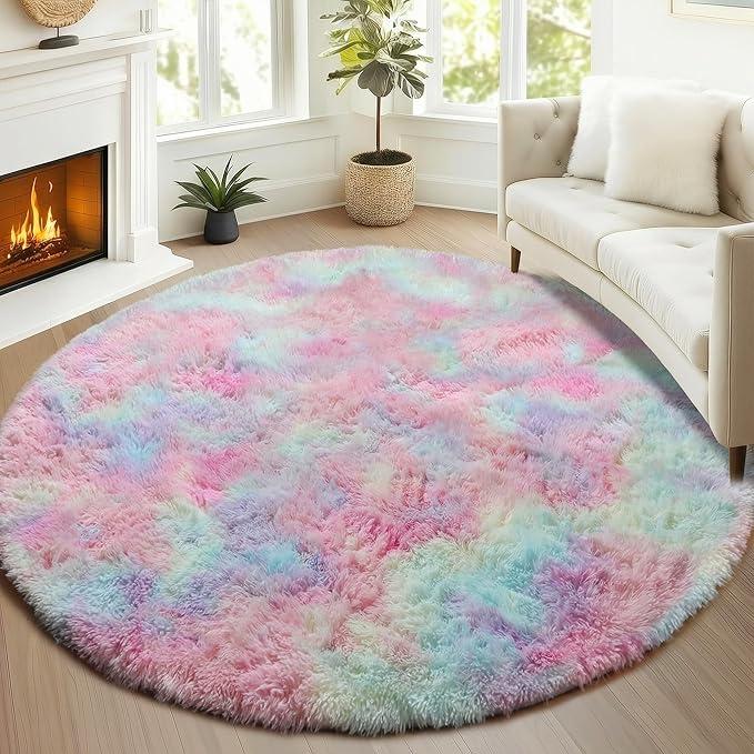 ONASAR Rainbow Round Area Rug 4ft, Soft Bedroom Circle Rugs Mats for Kids Girls Teen Room, Kawaii Fluffy Plush Shaggy Carpet for Baby Nursery Living Room Playroom Home Decor Princess Castle