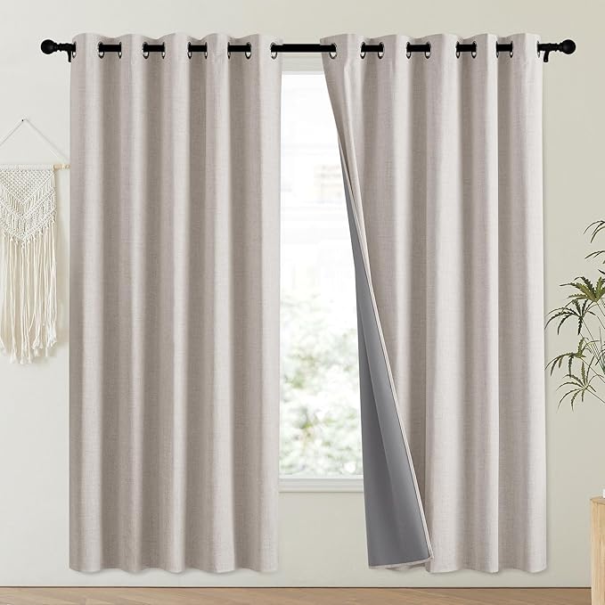 NICETOWN Brich Vintage Open Linen Weave Flax Thermal Curtains, 100% Blackout Curtains 72" Long for Dining Room, Soundproof Window Treatment Drapes for Laundry Room, 62" Wide Per Panel, Set of 2