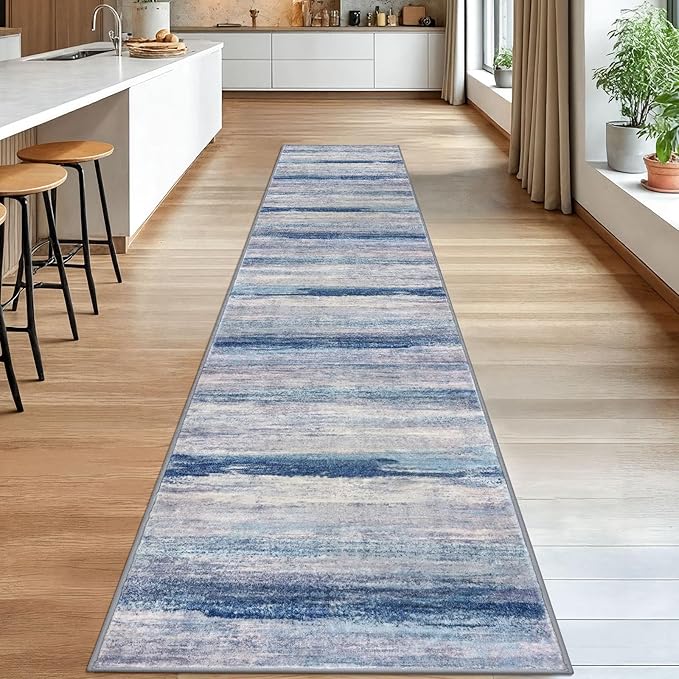 KOZYFLY Modern Abstract Washable Rug Runner 2.6x14 Hallway Rug Runner Non-Slip Soft Kitchen Runner Rugs, Blue/Grey/Beige Striped Carpet for Entryway Bathroom Laundry Room Foyer