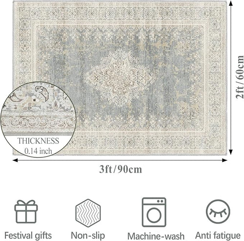 2x3 Entryway Rug Non-Slip Washable Thin Indoor Vintage Rug Low-Pile Floor Carpet for Entrance Bedroom Kitchen Bathroom Beige Grey
