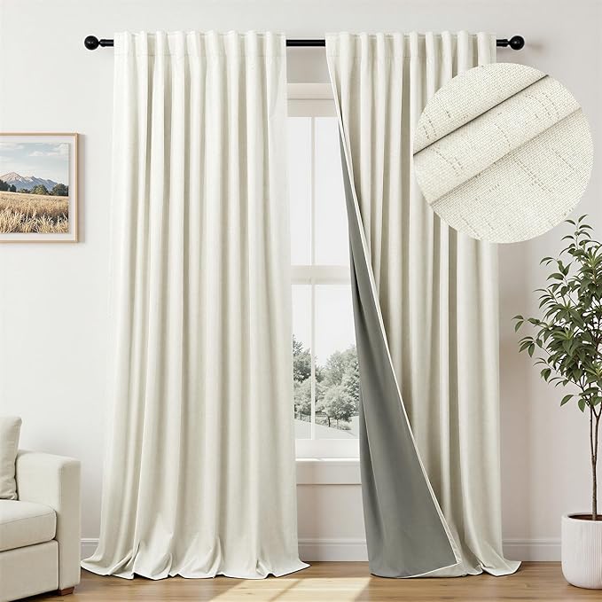 Cream Linen Black Out Curtains 70 Inches Extra Wide for Living Room 2 Panels Back Tab Pocket Pleated Ivory Blackout Bedroom for 72 Inches Window Curtain 84 Inch Long Thermal Room Darkening Heavy Drape