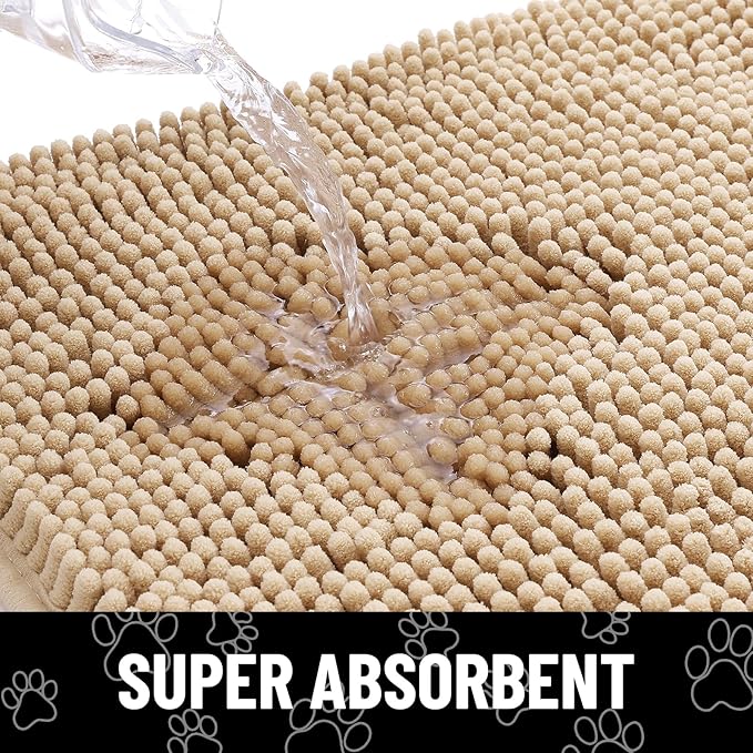 Smiry Dog Door Mat for Muddy Paws, Absorbent Dirt Trapper Non Slip Quick Dry Washable Chenille Mat for Mud Dogs, Entry Rug for Indoor and Outdoor (59x35 Inches, Beige and White)