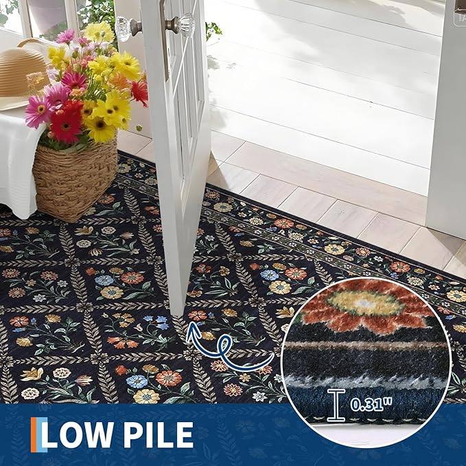 Washable Kitchen Rugs Non Slip 2x6 Hallway Runner Rug Stain Resistant Low Pile Floral Floor Rug with Rubber Backing Non Shedding Runners for Indoor Entryway Bedside Bedroom Farmhouse RV Navy&Black