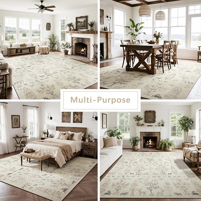 Washable Rugs 8x10 Area Rugs for Living Room,Bedroom,Dining Room- Large Ultra Soft Faux Wool Retro Carpet,Non Slip&Non-Shedding Low Pile Vintage Print Rug for Home Office Dorm Playroom-Brown