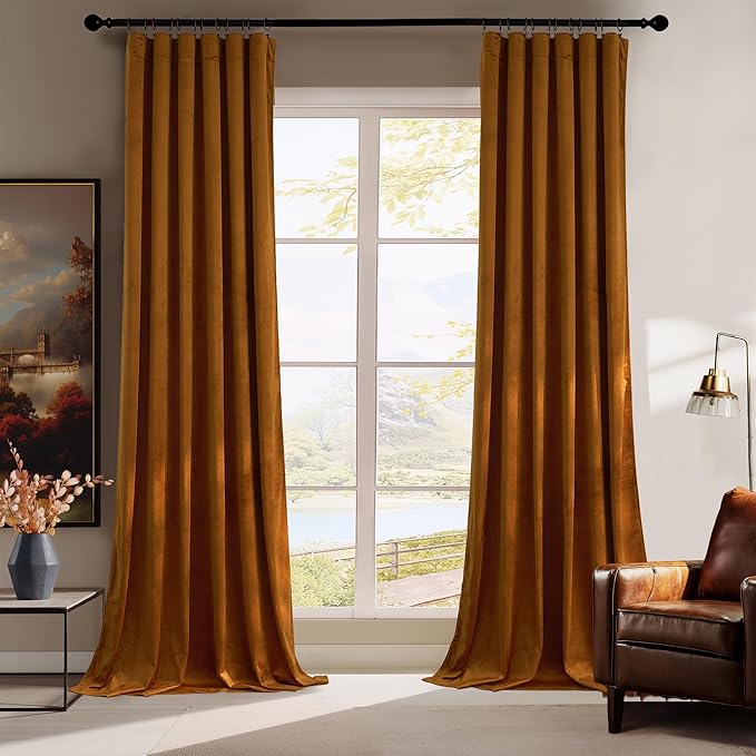 RYB HOME Velvet Curtains 96 inch, Room Darkening Window Curtains for Living Room Thermal Insulated Privacy Backdrop with Back Tab Loop for Bedroom, Golden Oak, W52 x L96 inch, 2 Panels