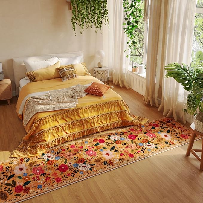 Rugcomf Runners for Hallways Kitchen Runner Rug Non Slip 2'x10' Long Washable Rugs with Rubber Backing Soft Floral Carpet Runner for Hallways, Kitchen, Laundry, Bedroom, Bathroom(Yellow)
