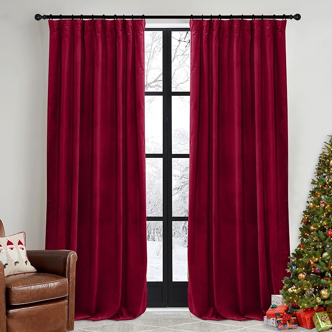 RYB HOME Red Velvet Curtains 84 inches - Darkening Curtains for Bedroom, Thermal Insulated Window Drapes for Living Room Dinning Room Theater, Width 52 x Length 84 inch, Red, 2 Panels