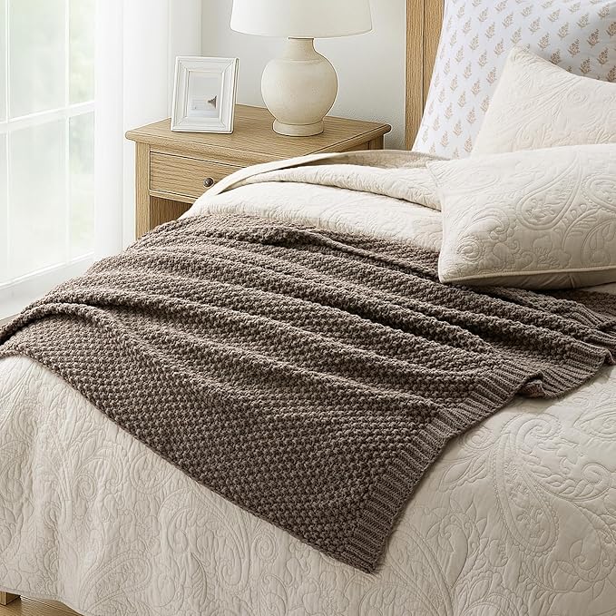 EVERGRACEHOME Chunky Chenille Knit Throw Blanket for Couch, Soft Luxurious Moss Stitch Blankets for Bed, Cozy Decorative Farmhouse Knitted Throws for Sofa, Mocha Brown, 60" x 80"