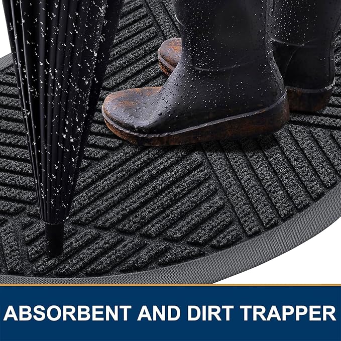 Smiry Half Circle Front Door Mat Outside Entrance, Heavy Duty Sturdy Natural Rubber Doormat, Trap Dirt and Moisture, Low Profile Mats for Indoor Outdoor Entry, Irregular Triangle (29.5x17, Black)