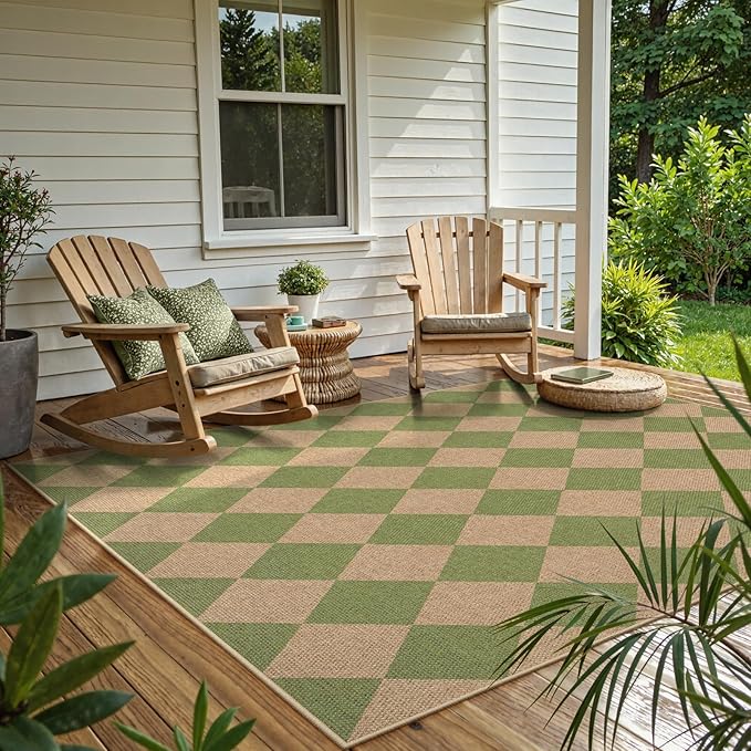 Lahome Colette Checkered Washable Rugs 5x7, Green Area Rug Neutral Large Outdoor Patio Living Room Rug, Farmhouse Non Slip Non Shedding Floor Carpet for Courtyard Camping