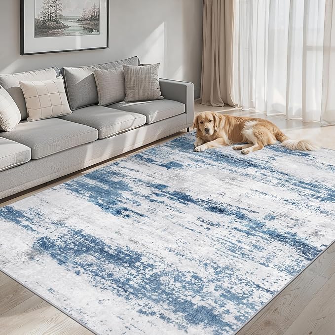 Area Rugs Living Room Rug - 4x6 Washable Modern Abstract Soft Neutral Non-Slip Carpet Large Indoor Floor Thin Carpets for Bedroom Dining Room Farmhouse Nursery Home Office White Blue Grey
