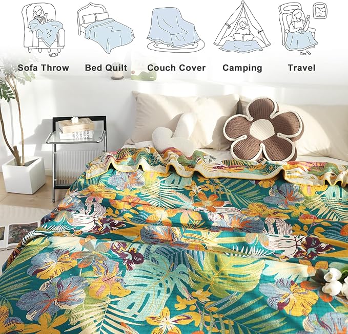 MSGKV Boho Throw Blanket for Couch and Sofa Cotton Blankets for Living Room Bedroom Reversable Florals Throw 60"x80" Spring Breathable Cozy Blankets