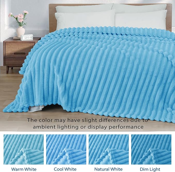 Exclusivo Mezcla Queen Size Flannel Fleece Blanket, Super Soft Striped Jacquard Bed Blanket, Lightweight Fuzzy Cozy for All Seasons, 90x90 Inches, Blue